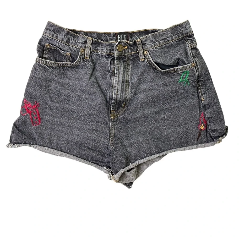 BDG Urban Outfitters Embroidered Denim Shorts Washed Black Gray 30 High Rise